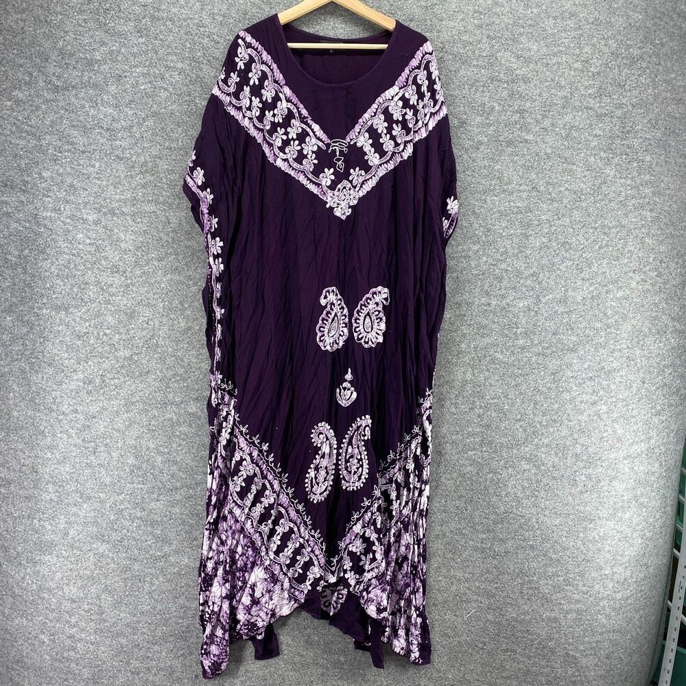 C-Stone Dress Women L Large Purple Geometric Shift Midi Short Sleeve Round Neck